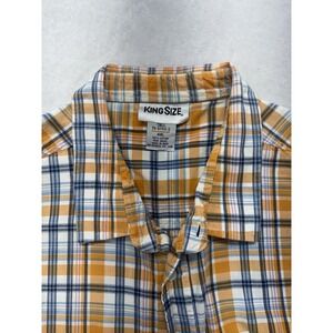 King Size Men's 4XL Big And Tall Orange Blue Checkered Plaid Button Short Sleeve